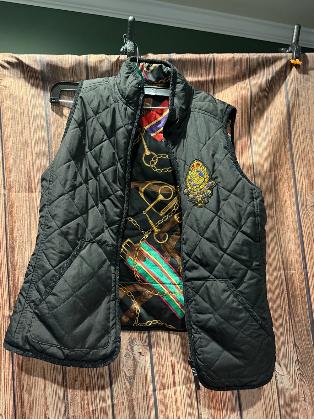 Ralph Lauren Black Quilted Vest with Crest and Patterned Lining